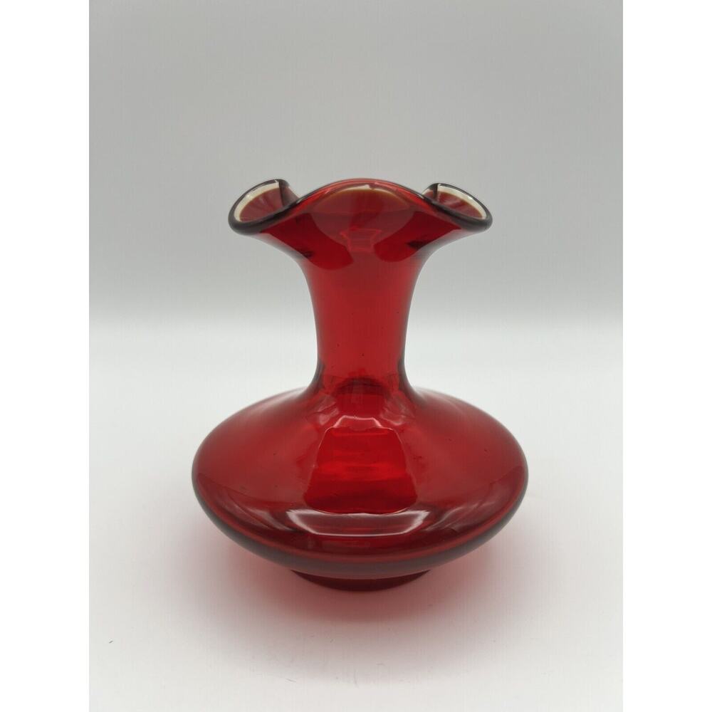 Rainbow Glass Handblown Ruby Red 4.5” Ruffled Art Glass Bulbous Vase